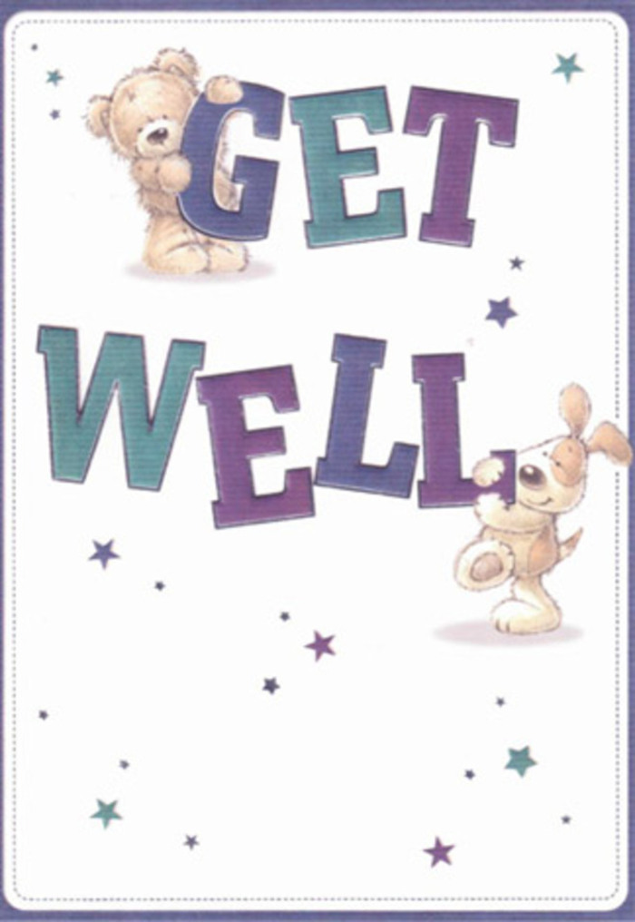 This delightful get well card exudes gentle encouragement, its scene thoughtfully crafted with the same attention one might find in a bouquet arranged by South Croydon's experienced florists. Two endearing companions-a brown bear with irresistibly soft-looking fur and a floppy-eared puppy bursting with personality-interact amid bold, optimistic lettering. The puppy leans in, almost nuzzling the word 'WELL,' while the bear balances comfortingly atop 'GET,' their playful postures communicating genuine support. The typography is prominent, shaded in joyful hues of purple and aqua, infusing the design with an uplifting confidence that feels right at home in cozy South Croydon living rooms or hospital rooms along Selsdon Road. Sparkling stars in gradients of blue and lilac dart across the clean, luminous background, carrying with them good wishes like petals carried on a gentle Croydon breeze. There's a palpable warmth to every illustrated texture-the plushness of the bear's fur, the velvety ears of the puppy, the cheerful energy dancing throughout. Just as a hand-tied bouquet offers more than its blooms, this card radiates hope and affection, making it the perfect companion to fresh flowers delivered locally to someone in need of comfort.
