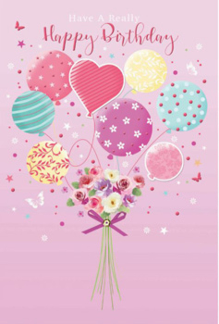 A sense of gentle jubilation fills this birthday artwork, as if a secret party were unfolding quietly above South Croydon's rooftops. Against a soft pink backdrop that feels like dusk settling over Lloyd Park, a bouquet of pastel balloons lifts a dainty cluster of flowers into the air. The balloons form a loose, rounded heart at the centre of the scene, symbolising affection and care. Their colours move from creamy lemon and pale sunshine yellow to rosy fuchsia, sea green, and lavender, each shade blending harmoniously like the changing light along Brighton Road in late afternoon. Patterns dance across the balloon surfaces: spiralling stripes, scattered dots, and delicate floral swirls that give each one its own playful character. Below this floating cluster, a hand-tied bouquet seems to hover just above the base of the card. Petite roses and soft, daisy-like blooms with velvety petals are shaded from cream to gentle rose pink, their edges kissed with hints of mauve. You can almost imagine the petals cool and silky to the touch, their scent a soft, sweet presence in the room. Slim green stems and fine foliage peek through the blooms, all gathered together with an elegant purple bow whose satin folds catch the light. Around the bouquet, dainty butterflies and tiny star shapes appear to flit and sparkle, like a daydream taking shape above Park Hill. The entire composition feels carefully crafted by an experienced South Croydon florist, transforming a simple birthday card into a moment of quiet delight and making the recipient feel genuinely cherished, wherever they are celebrating in the neighbourhood.