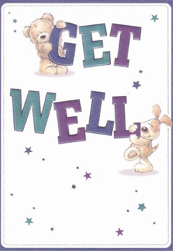 With an inviting charm, this illustrated get well card captures a comforting spirit reminiscent of South Croydon's friendly avenues. A plush teddy bear-its soft fur rendered in strokes of warm caramel and creamy highlights-clings joyfully to the top of the word 'GET,' exuding unwavering support. Beneath, a cheerful puppy, its velvety ears flopping playfully, nudges the bold 'WELL,' their shared moment unmistakably filled with encouragement. The hand-drawn letters, painted in deep indigo and teal, create a striking contrast against the pure white background-reflecting a bright clarity so familiar in the morning light streaming through South Croydon homes. Whimsical stars, scattered like confetti across the card, shimmer in varying blues and purples, adding visual energy and a dash of magic akin to the neighbourhood's vibrant community spirit. This thoughtful scene recalls the care that goes into every bouquet assembled at local florists-each petal, like each brushstroke, meant to convey hope and genuine concern. The artwork's warmth and gentle textures, felt through the teddy's fluff and the pup's inviting gaze, assure anyone feeling under the weather that comfort and brighter days are never far away, especially in the heart of South Croydon.