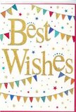 The Best Wishes card in this scene glows with cheerful, celebratory charm, as if it has captured the spirit of a lively gathering somewhere off the high street in South Croydon. At the centre, the words Best Wishes are written in bold, sweeping gold script, the kind of elegant calligraphy that instantly draws the eye. The letters appear slightly raised and shimmering, with a glittery or foil-like finish that suggests they would glint beautifully in sunlight from a nearby window. This luxurious gold tone sits on a crisp white background, keeping the whole design clean, fresh, and modern. Framing the message above and below, strands of colourful bunting curve across the card in soft arcs, reminiscent of decorations hung between trees or along a fence at a local celebration. Each tiny flag is painted in rich, saturated colours-vivid blues, bright reds, grassy greens, and sunny yellows-with some pennants adorned with playful stripes or spotted patterns that lend a handmade feel. All around these garlands, little star motifs and dots of confetti are sprinkled lightly, as if frozen mid-swish in the air, adding a sense of movement and excitement. The composition feels light-hearted yet thoughtful, the kind of versatile card that could accompany flowers for a promotion, new venture, retirement, or any happy milestone reached in South Croydon. It carries an air of encouragement and shared joy, like a warm congratulatory hug translated into paper, perfectly suited to sit alongside a fresh, fragrant bouquet delivered to someone you're proud of.