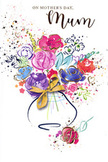This Mother's Day card features a vibrant, watercolour-style bouquet that seems to bloom directly from the paper, echoing the fresh, uplifting feel of flowers delivered across South Croydon. Bold magenta and cerise blossoms sit at the centre, their petals outlined in rich indigo that adds a striking contrast to the softer, more translucent interior washes. Around them, cooler tones of lavender, cornflower blue, and soft teal mingle with touches of warm peach and golden yellow, the colours bleeding into one another in feathery gradients that mimic the softness of real petals. Delicate gold accents shimmer across selected petal edges and leaf tips, creating glints that suggest celebratory sparkle without overpowering the calm white background. This negative space allows the arrangement to breathe, so the bouquet feels light and joyful rather than heavy, as though caught in a gentle breeze. Framing the main cluster, spontaneous splashes of colour, tiny heart icons, and playful dots arc outward, giving the impression of confetti or petals tossed with affection. Below, a rounded vase is indicated with loose, fluid bands of blue and grey, its form pulled together with a fine golden bow that recalls the careful tying of ribbon by an experienced florist. The composition balances spontaneity with clear intention, reflecting the thought and care behind every Mother's Day gesture. Altogether, the card radiates gratitude, tenderness, and a sense of celebration, making the painted bouquet feel like a heartfelt embrace captured in vivid, flowing colour.