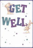 The design of this get well card radiates a sense of cheer and tender care, the kind you'd expect from a South Croydon florist who understands how visual gestures can restore hope. Two adorable figures-a teddy bear and a floppy-eared puppy-spring from the bright, clean canvas, joyfully holding up large, vibrant letters that spell out 'Get Well.' The text, painted in rich shades of indigo and teal, stands out confidently against a creamy white backdrop, its boldness uplifting the whole composition. Scattered throughout, petite stars in playful blue and purple hues twinkle like hopeful messages, casting a whimsical light across the card. The fur of both characters appears soft and inviting, rendered in brushstrokes that suggest a comforting embrace. There's a sense of warmth and positivity, with textures so lifelike they nearly invite a gentle touch-mirroring the healing intent behind a locally arranged bouquet delivered anywhere in South Croydon. This endearing card doesn't just convey a message; it offers a visual balm, perfect for sending encouragement, comfort, and a little extra light to a neighbour, friend, or loved one during their recovery.