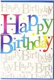 In this photograph, a striking birthday card stands proudly, its design as lively and colourful as a birthday tea with friends in South Croydon. The central focus is the phrase Happy Birthday, written across the card in large, rounded letters that look almost three-dimensional. Each letter carries its own hue, flowing through the spectrum from deep cherry red and warm orange, through sunshine yellow and grassy green, into refreshing teal, cobalt blue, and finally rich violet. The colours blend softly at the edges, creating a smooth gradient effect that feels harmonious and full of energy, like a carefully colour-coordinated party spread laid out near Park Hill Park. The surface of the letters appears glossy and smooth, suggesting a slightly raised print that would catch the light and feel sleek beneath the fingers. Behind this statement text, the background is a soft neutral tone, intricately covered with repeated lines of tiny, looping golden script spelling out Happy Birthday to you. The writing forms a delicate, shimmering pattern, reminiscent of fine ribbon woven across wrapping paper, and it glints subtly as if lit by small candles. Scattered here and there among the script, small specks and star-like dots in rainbow colours add an extra note of fun, like confetti or tiny sequins tossed onto the design. The combination of bold, colourful lettering and understated metallic detail makes the card feel both playful and grown-up, something a South Croydon local might pair with bright seasonal flowers for same-day delivery, to turn an ordinary birthday into a moment that truly feels special and memorable.