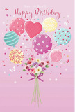 On this enchanting birthday card, a whimsical celebration unfolds as if drifting over the calm streets of South Croydon. The background is a smooth, soft pink wash, like the gentle glow you might see above Lloyd Park on a clear spring evening. Rising from the lower centre, a charming bouquet of fresh flowers anchors the scene-delicate roses and anemone-like blossoms in creamy ivory, blush pink, and muted mauve, their petals feathery and layered, suggesting flowers just gathered from a local florist's bucket. The stems are slender and naturally arranged, bound neatly by a violet satin bow that shines with a subtle, silky texture. From this floral base, a playful parade of pastel balloons lifts skyward, shaped into a loose heart that radiates affection. Each balloon carries its own cheerful character: some spiral with candy-coloured stripes in teal, lemon, and rose; others sparkle with lively polka dots; and a central heart-shaped balloon glows softly, drawing the eye to the very centre of the design. Their glossy surfaces seem to catch imagined points of light, like reflections from shop windows along Brighton Road. Sprinkled around the balloons are tiny stars and fluttering butterflies, adding a touch of fairy-tale wonder, as though birthday wishes were literally taking flight. The entire composition feels weightless, airy, and joy-filled-capturing the spirit of a birthday meant to be bright, gentle, and unforgettable in South Croydon. It evokes the fragrance of fresh blooms, the rustle of ribbon, and the quiet excitement of a card opened just before the candles are lit.