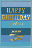 The photograph presents an elegant birthday card where soothing blues and luminous gold combine to create a calm, quietly joyful design. Across the entire surface, wide horizontal stripes stack one above the other, each stripe in a slightly different blue-from rich navy at the top through oceanic and denim tones, fading into a lighter, breezier blue close to the bottom. The layered effect feels like watching the sky slowly change colour over South Croydon rooftops as the day unfolds. Standing boldly at the centre of the card, the words HAPPY BIRTHDAY are embossed in large, gold capital letters, the foil catching light in a soft, reflective sheen that suggests quality and care. Just underneath, an ornate golden flourish curls and loops, adding a touch of classical elegance and separating the main greeting from the message below. In the lower portion of the card, three neatly aligned gold banners carry the sentiment: Relax, have a great day and enjoy! Each banner appears slightly raised, its metallic surface contrasting with the matte blue background and inviting the fingertips to trace the contours. A fine gold border frames the entire design, giving the card a finished, polished appearance, as though it has been carefully mounted in a delicate frame. The overall impression is one of gentle luxury-something you might choose for a loved one who appreciates peaceful, tasteful details rather than bright, busy patterns. You can imagine this card resting on a mantelpiece in a home near Lloyd Park, perhaps paired with a hand-tied birthday bouquet delivered from a trusted South Croydon florist to mark the day with quiet warmth and heartfelt wishes.