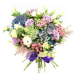 Delighting the senses with every detail, this opulent bouquet from a South Croydon florist bursts with serenity and lavishness-a floral embrace perfect for life's heartfelt occasions. At its heart, expansive hydrangeas in layered shades of indigo, teal, and muted mauve awaken memories of tranquil mornings in local parks. Poised among the hydrangeas, velvety lavender roses and snowy white blooms unfurl with refined elegance, their soft fragrance mingling with the earthy coolness of the surrounding petals. Interwoven through the core are plush white ranunculus, their multi-petaled forms offering soft tactile intrigue, while slender pale yellow lisianthus buds and blossoms peek out playfully, introducing lightness and a hint of spring renewal. Energetic dashes of vivid fuchsia-pink filler flowers, paired with the airiness of pale pink astilbe, lend spirited pops of colour and a whimsical edge-evoking the gentle vibrance found in gardens around South Croydon. The bouquet's intricate centre features lacy, light green Ammi Majus, complemented by lush dark foliage that frames each bloom. Gathered at the base, the stems are enveloped in a wide, regal purple satin ribbon, completing the piece with a flourish of sophistication. Designed for birthdays, romantic gestures, or simply to brighten a friend's home in South Croydon, this composition radiates joy and luxury, making it truly memorable.